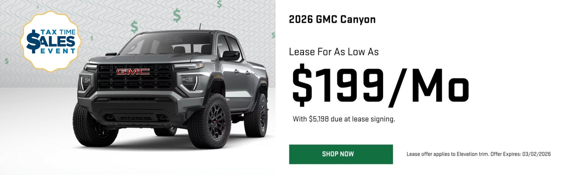 A lease offer for the 2026 GMC Canyon for $199/mo