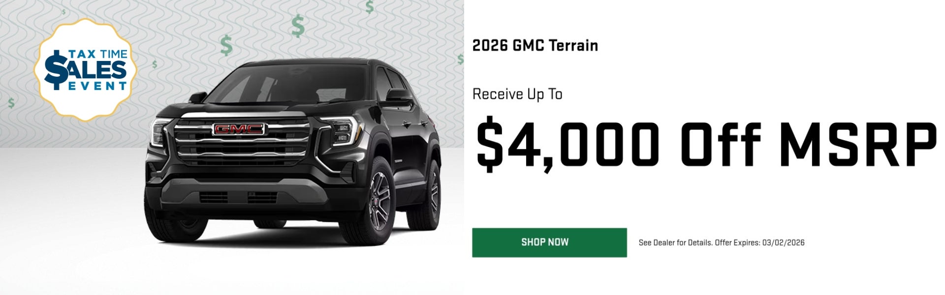 An offer for $4,000 off MSRP on a 2026 GMC Terrain