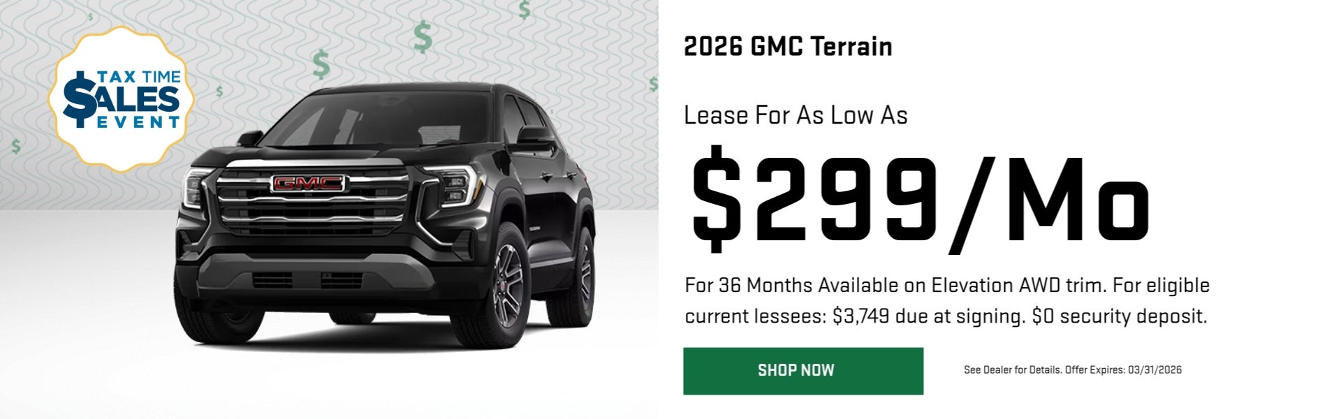 A lease offer for a 2026 GMC Terrain at Romain Buick GMC