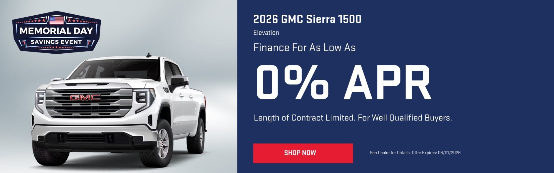 A 0% APR finance offer on a 2026 Sierra 1500